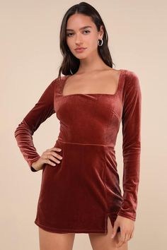 You'll love any occasion where you have a reason to wear the Lulus Admirable Aura Rust Velvet Long Sleeve Skort Romper! Stretchy luxe velvet shapes this cute romper that features a darted bodice and a trendy square neckline, framed by long sleeves. The fitted waist sits above a skirt-like overlay with a notched hem, that creates a trendy skort effect atop flirty shorts. Hidden back zipper/clasp. Fit: This garment fits true to size. Length: Above mid-thigh. Size medium measures 30.25" from shoulder to hem. Bust: Great for any cup size. Waist: Fitted - very fitted at natural waist. Hip: Loosely Fitted. Undergarments: May be worn with a strapless bra, adhesive bra, petals, or no bra. Fabric: Fabric is very stretchy. Unlined. Shell: 97% Polyester, 3% Spandex. Lining: 100% Polyester. Hand Wash Trendy Skort, Skort Romper, Adhesive Bra, Cute Rompers, Strapless Bra, Cup Size, Square Neckline, Square Neck, Apparel Accessories