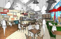 an artist's rendering of the inside of a restaurant