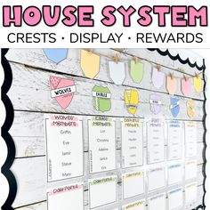 a bulletin board with the words house system, crests and display reward on it