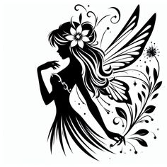 a black and white silhouette of a woman with flowers in her hair, holding a butterfly