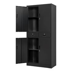 two black metal lockers with doors open