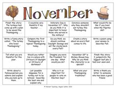 a november calendar with words and pictures to describe it's important occasion for children