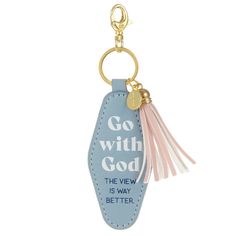 With plenty of room for a variety of keys, this ogee-shaped keychain makes a perfect gift for birthdays, Mother's Day, graduation and more. Metal ring with blue faux leather fob featuring an inspirational message, a pink faux leather tassel and a gold metal charm with debossed cross design will keep you moving forward and on course during all your daily travels. | Keychain features a metal ring with blue fob and pink tassel in faux leather, a gold metal cross charm and lobster clasp. | On key fo Keychains Preppy, Go With God, Preppy Keychain, School Wishlist, Leather Fob, Preppy Things, Easy Diy Gifts, Metal Cross, Pink Tassel