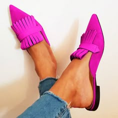 These fuchsia mules feature a chic pointy toe and trendy fringe accent. Crafted from supple vegan suede, these flats offer both comfort and style, making them a versatile addition to your wardrobe. Perfect for any occasion, these shoes ensure a secure fit and a fashion-forward statement. HandcraftedUS sizing. Fits true to size. Chic Pointy Toe Design: The fuchsia mules boast a sleek and stylish pointy toe, offering a fashionable touch to any outfit. Supple Vegan Suede Material: Crafted from high-quality vegan suede, these flats offer comfort and durability, perfect for all-day wear. Fringe Accent: Adorned with a trendy fringe detail, adding a playful and eye-catching element to your ensemble. Versatile Style: Ideal for various occasions, these shoes transition seamlessly from casual to sem Pointed Flats Shoes, Fringe Shoes, Flats Shoes Comfortable, Fashion Shoes Flats, Pointed Flats, Flat Mules, Point Shoes, Suede Tassel, Suede Fringe