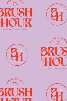 four different logos for brush hour salon and hair stylist's show on pink background