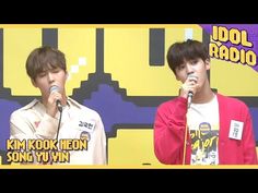 two young men singing into microphones in front of a yellow and purple background with the words idol radio on it