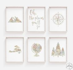 four framed art prints with the words oh the places you'll go