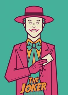 a man in a pink suit and bow tie holding a card that says the joker