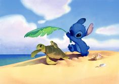 two cartoon characters are playing on the beach with a turtle and sea turtle in front of them