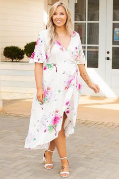 Chic Soul plus size clothing, cream v neck short ruffle sleeve pink floral pattern midi dress Chic Floral Dress With Flutter Sleeves For Brunch, Feminine Floral Dress With Flutter Sleeves For Brunch, Flowy Floral Print Wrap Dress For Brunch, Chic Wrap Dress For Spring Garden Party, Flowy Wrap Dress For Spring Brunch, Flowy Spring Wrap Dress For Brunch, Spring Wrap Dress With Surplice Neckline For Garden Party, Spring Brunch Flowy Wrap Dress, Spring Garden Party Wrap Dress With Surplice Neckline