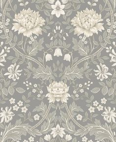 a gray and white floral wallpaper with flowers on the bottom, in an ornate pattern