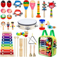 an assortment of wooden toys and musical instruments for children to play with on the go