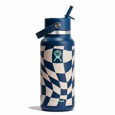 a blue and white checkered water bottle with a metal cap on the top, in front of a white background