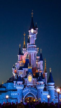 the castle is lit up at night with lights on