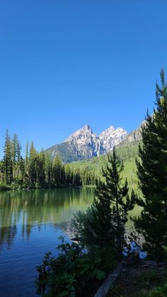 a lake surrounded by trees with mountains in the background