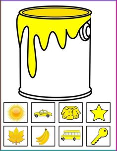 an image of a yellow paint can with different things to draw on it, including the colors