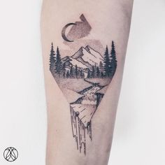 a tattoo on the arm of a person with mountains, trees and moon in the sky