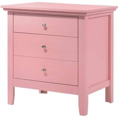 a pink nightstand with three drawers on one side and two knobs on the other