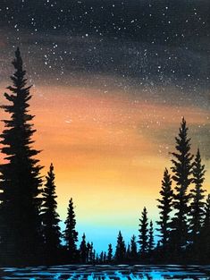 a painting of some trees in the snow at night with stars above and water below