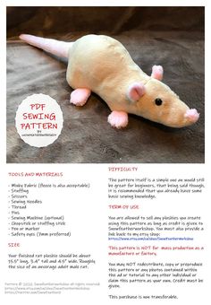 a stuffed animal rat laying on top of a brown blanket with the words pet sewing pattern below it