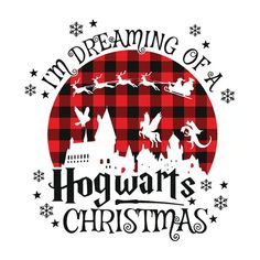 the hogwarts christmas logo is shown in red and black plaidered, with santa's sleigh flying over it