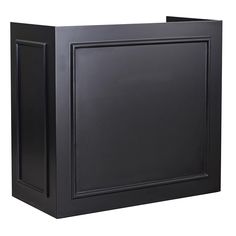 a black cabinet with the door open on a white background and no one in it