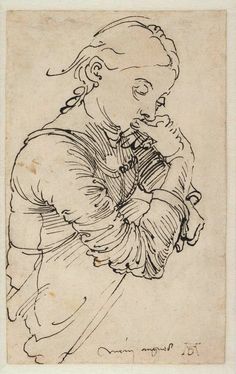 a black and white drawing of a woman holding a baby in her arms, looking at the viewer