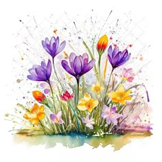 watercolor painting of purple and yellow flowers