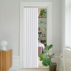 a room with a plant in the corner and a white curtain hanging from the window