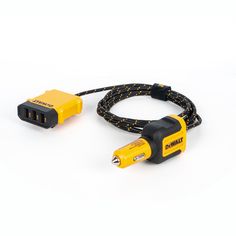 a yellow and black cord plugged in to a charger on a white background