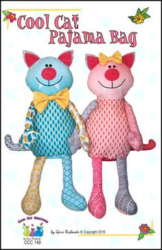 two stuffed animals sitting next to each other in front of a white background with polka dots