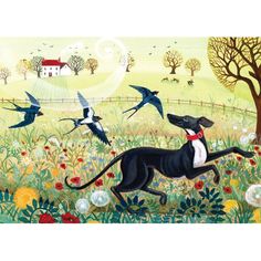 a painting of a dog chasing birds in a field