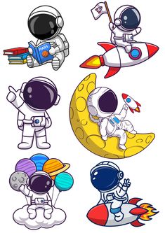 an astronaut and other cartoon characters are flying around the moon with their spaceships on it