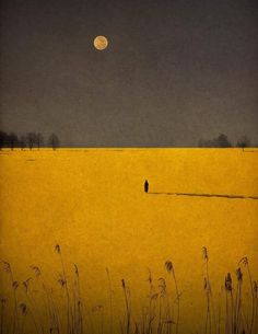 a painting of a person walking across a field under a full moon