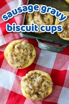 sausage gravy biscuit cups on a red and white checkered tablecloth