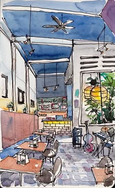 a watercolor drawing of a restaurant with tables and chairs