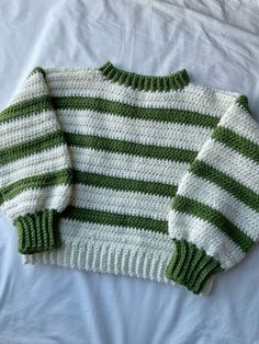 Crochet Chunky Striped Sweater Pattern: Free & Easy Green And White Crochet Sweater, Crochet Sweater One Piece, Stripped Sweater Crochet, 2 Color Crochet Sweater, Crochet Sweater Striped, Free Crochet Patterns For Clothes, Two Color Crochet Sweater, Crochet Sweater Fall, Green Sweater Crochet