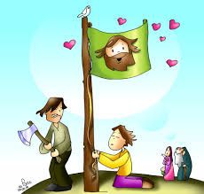 an image of a man holding a hammer next to a tree with hearts on it