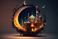 an artistic illustration of a mosque with the moon in the background