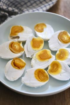 hard boiled eggs in a white bowl on a table