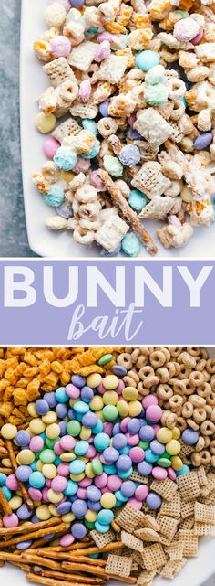 an assortment of candy and cereals on a white plate with the words bunny bar above it