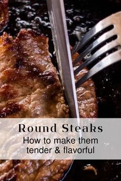 Juicy seared bottom round in cast iron skillet. Tender sliced with melted butter baste. Round Steak Marinade, Tenderized Round Steak Recipes, Steak Recipes Skillet, Round Steaks