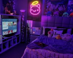 a bed room with a neatly made bed and a neon sign