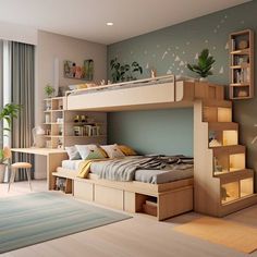 a bedroom with a bunk bed next to a desk and shelves on the wall in front of it