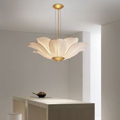 a modern chandelier hangs from the ceiling above a table with a bowl on it