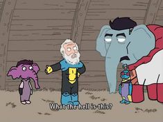 an old man standing in front of an elephant and another cartoon character holding his hand out