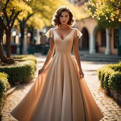 a woman in a long dress is walking down the street with her hands on her hips