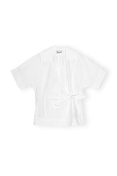 This White Cotton Poplin Wrap Blouse features a v-neckline, collar, short sleeves and a tie band closure. GANNI White CottonPoplin Wrap Blouse in White | Women's Size 6 Short Sleeve Tie Waist Tops For Daytime, Short Sleeve Poplin Blouse For Work, Poplin Short Sleeve Workwear Blouse, Summer White Poplin Blouse, Short Sleeve Poplin Tops For Work, Summer Poplin Short Sleeve Tops, Short Sleeve Poplin Blouse For Spring, Spring Short Sleeve Poplin Blouse, Tie Waist Short Sleeve Tops For Office