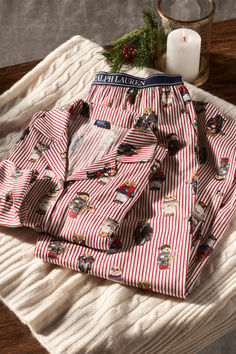 Ralph Lauren’s iconic Polo Bear printed across this red and white striped pajama set, creating the perfect duo of a cozy gift.   #PoloRLStyle #PoloRalphLauren #RLHoliday Ralph Lauren Loungewear, Ralph Lauren Bear Outfit, Cozy Christmas Pajamas, Ralph Lauren Pjs, Ralph Lauren Christmas Aesthetic, Christmas Pajama Outfit, Casual Pyjamas, Ralph Lauren Clothes, Ralph Lauren Pajamas