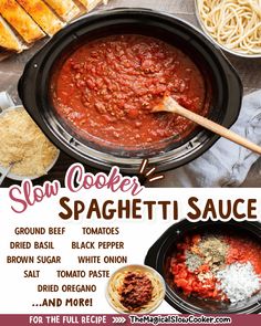 the recipe for slow cooker spaghetti sauce is shown in an advertisement with instructions on how to make it